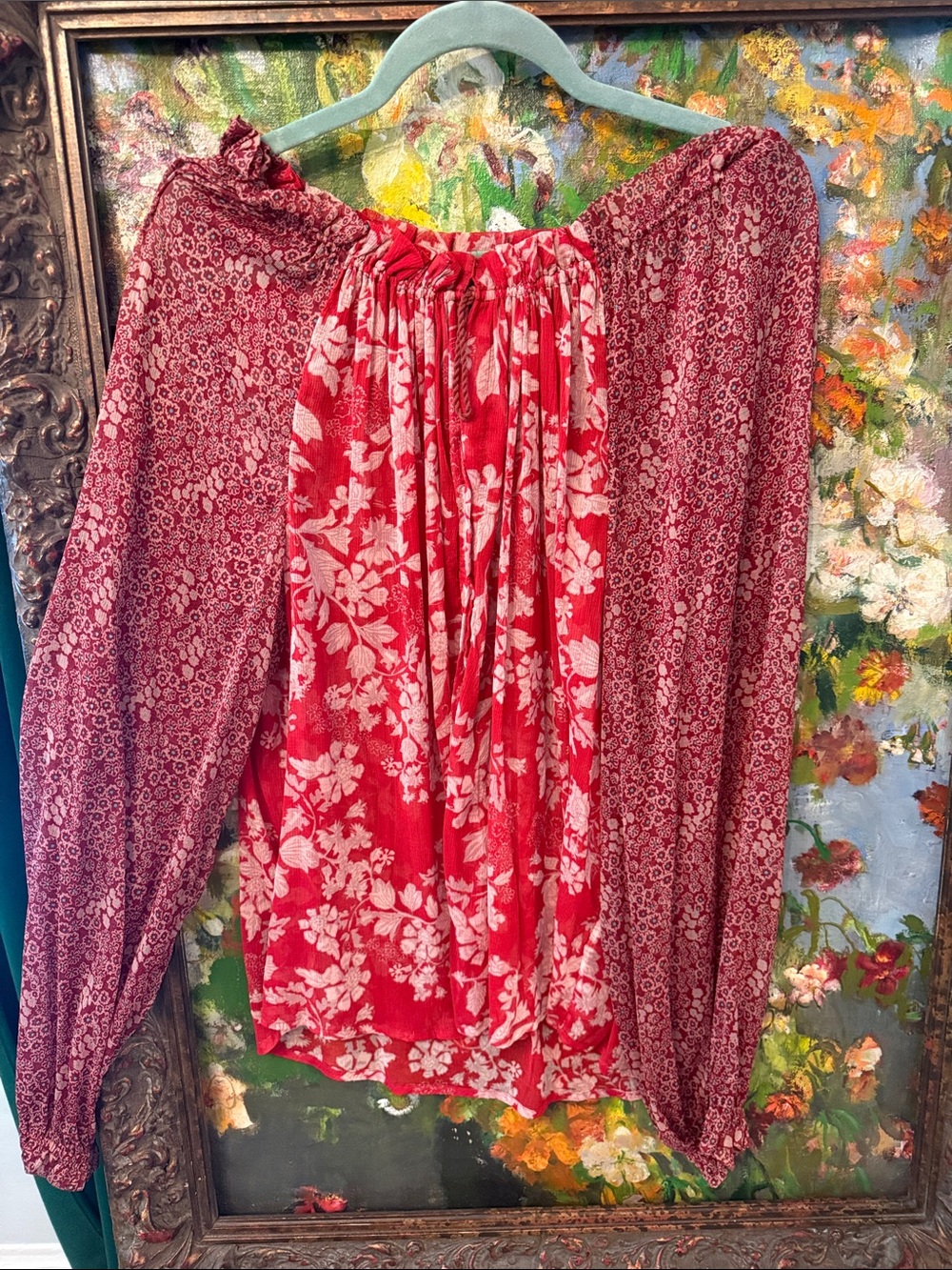 Free People Red Mixed Floral Peasant Mini Top